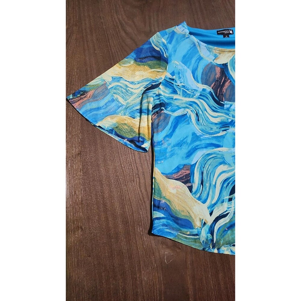 Antthony Womens Top Large Abstract  Blue Yellow Multicolor  Casual Tunic - Picture 6 of 11